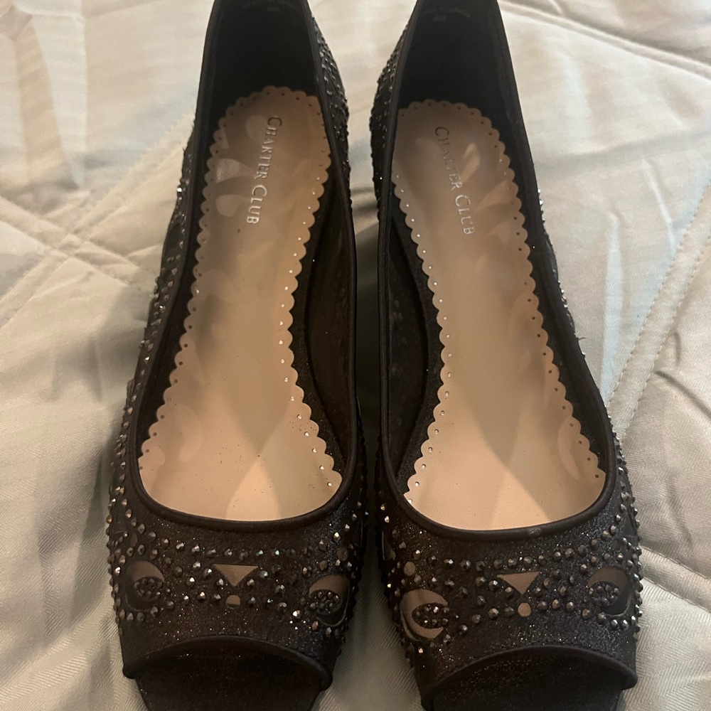 Charter Club Black Embellished Peep-Toe Heels